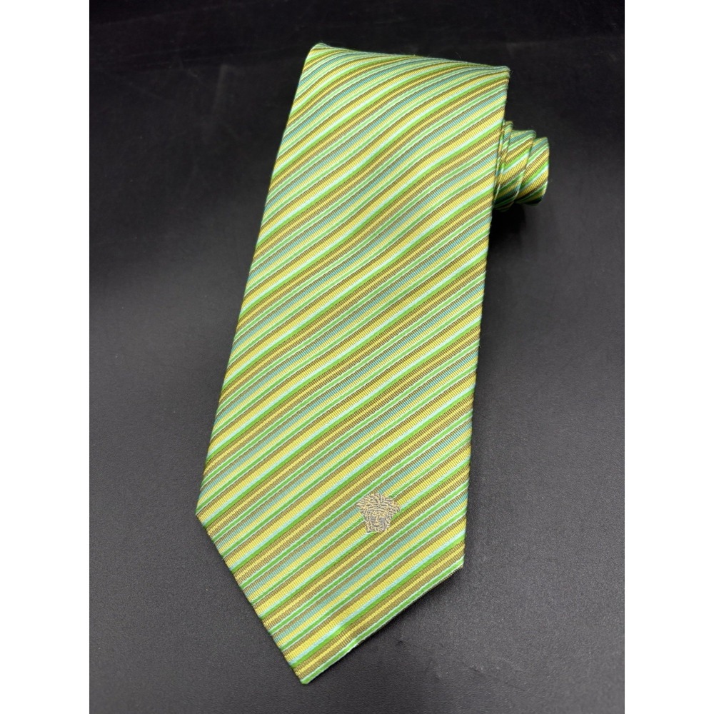 GIANNI VERSACE Men's 100% Silk Tie ITALY Luxury STRIPED Green/ Brown/ Yellow EUC
